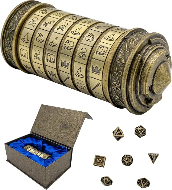RPG Cryptex Puzzle Box | Free Mini Dice Included | Game Night or Escape Room | Medieval Da Vinci Style Code Cipher Decoder | Secret Lock Hidden Compartment | Prop or Gift | Cool Bronze Metal Trinket