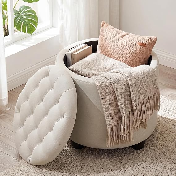 Storage Ottoman, 48cm Round Footstool with Padded Seat and Removable Lid, Button Tufted Ottoman Storage Box with Sturdy Legs for Living Room, Bedroom,