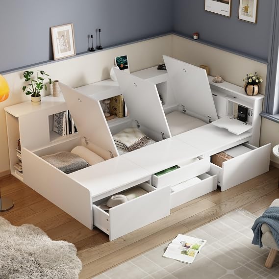 Mrwoo Single Bed with Drawers and Bookshelf, Multifunctional Children's Bed with Storage Cupboards, Sturdy Wooden Frame, Perfect for Children and Youth, White, 90x190cm (No Mattress)