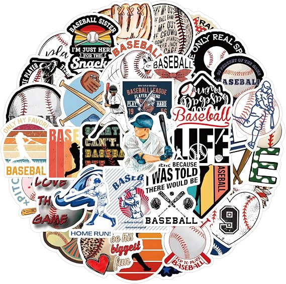 60 Pcs Baseball Stickers - Including Baseball, bat, Gloves, Base Bag, and Retro Team Emblem Style, Suitable for Helmet, Suitcase, Laptop, and Kettle Decoration (Baseball)