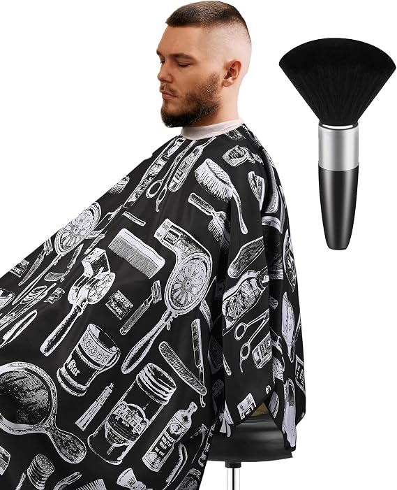ULG Professional Hair Cutting Cape with Neck Duster Brush Waterproof Extra Large Size Salon Barber Cape Haircut Cape for Men Women and Kids, 5772 Full Body Coverage, Black with White Printing
