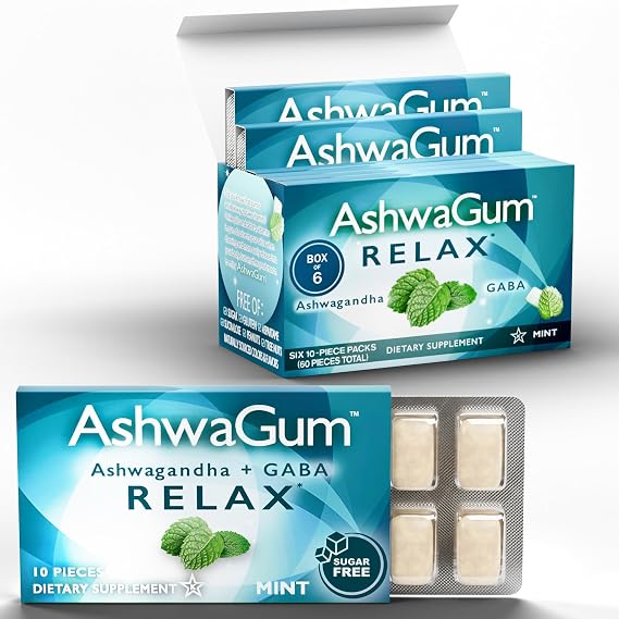 BetterGum AshwaGum Relax Gum, KSM-66 Ashwagandha, GABA, 6 Pack of 10