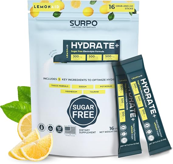 Sugar Free Electrolytes Powder Packets, 16 Count SURPO Electrolyte Drink Mix Lemon-Aid Zero Calorie, No Sugar Instant Hydration Packets for Energy & Recovery with Taurine, Magnesium, Potassium, Sodium