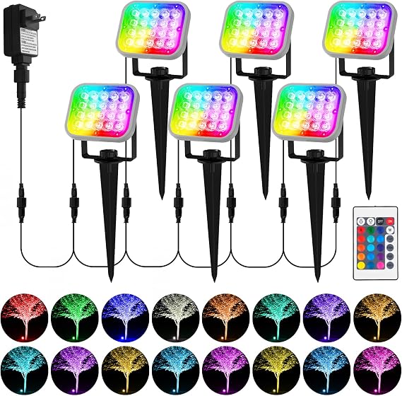 Outdoor Spot Lights, 6 in 1 Color Changing LED Spotlight Lights Outdoor with Remote, IP65 Waterproof RGB Multicolor Landscape Lighting for Yard Patio Garden Pool