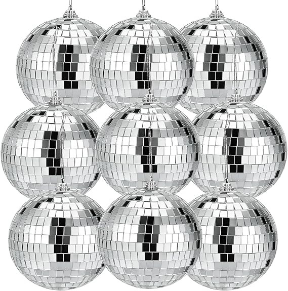 9 Pack Mirror Disco Ball, 4 Inch Small Mirror Ball Ornaments Silver Hanging Disco Balls with Attached String for Reflect Light, Party Favor, Home Bands Decorations, Stage Props, Christmas