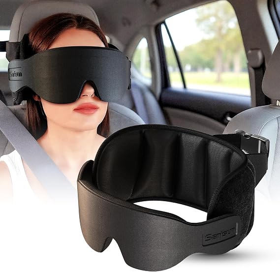 SARISUN Travel Pillow, Car Travel Pillow with 3D Eye Mask for Sleeping, 360° Head Support Strap for All Car Seats, Road Trip Essentials, Stop Bobblehead, Black | 360°ヘッドサポートストラップ すべてのカーシート用 ロードトリップの必需品 ストップボブルヘッド ブラック