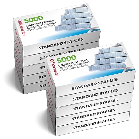 Officemate Standard Staples - Chisel Point Tips, 10 Boxes of 5,000 Staples, 1/4-Inch Leg Length, Universal Compatibility, Office Supplies and School Supplies for Everyday Paper Fastening