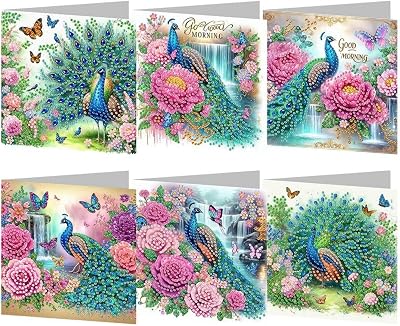 6Pcs DIY Folding Greeting Card Diamond Art Painting Creative Design Foldable Thank You Cards Blessing Gift Greeting Card Set for Birthday Christmas Crafts Gift-Peafowl