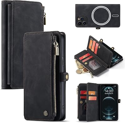 CaseMe Magnetic Wallet Case Designed for iPhone 13 Pro 6.1 Flip Case,Compatible with MagSafe Charger,PU Leather Zipper Folio Protective Case with Magnetic Closure and Card Holder Black
