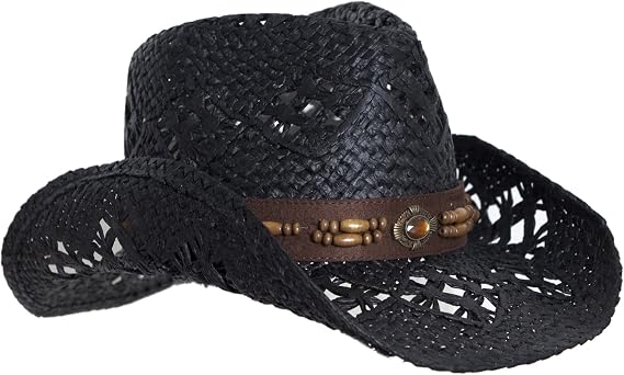 Straw Cowboy Hat W/Vegan Leather Band & Beads, Shapeable Brim