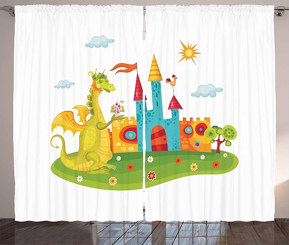 Lunarable Fantasy Curtains, Dragon by The Palace Floral Meadow Dreamy Creature Playroom Theme Illustration, Living Room Bedroom Window Drapes 2 Panel Set, 108" X 84", White
