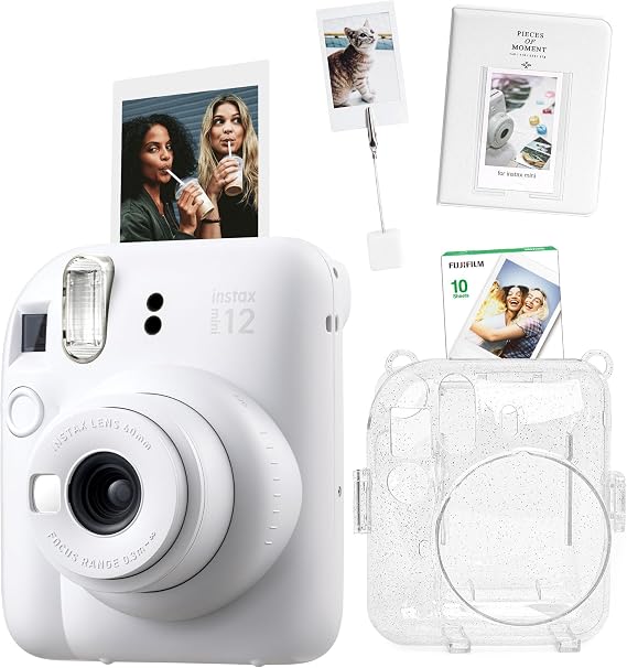 Instax mini 12 Fotoğraf Makinesi-10'lu Film-Kıskaçlı Stand-PVC Albüm ve Simli Pleksi Kılıf Seti (Beyaz)