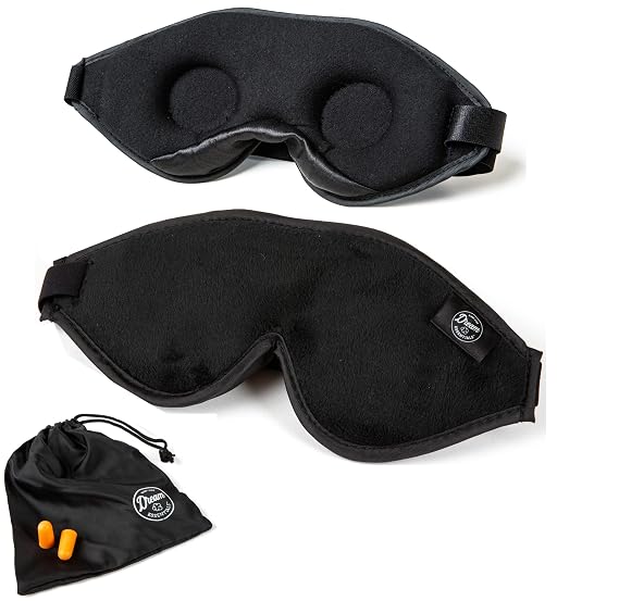 Dream Essentials - Escape 3D Sleep Mask, Earplugs and Carry Pouch Set, Molded Eye Shade for Men and Women, Contoured, Nose Bridge, Light Block, Memory Foam, Gift Set, Travel, Yoga, Blindfold - Black | Contoured black 3D sleep mask with earplugs and pouch for light blocking rest, travel, yoga, naps, and night shifts.