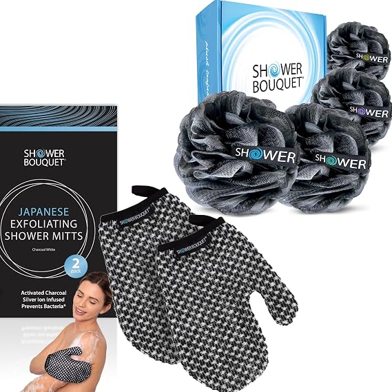 SHOWER BOUQUET Charcoal-Loofah 4-Pack, Japanese-Exfoliating-Gloves 2-Pack