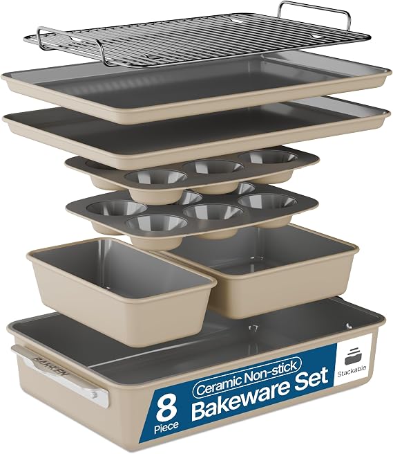 Bakken 8-Piece Ceramic Coated Bakeware Sets, Nonstick Aluminized Steel Pans with Muffin, Loaf, Cake, Roasting Pan, Cooling Rack, Oven Safe Up To 500F, Dishwasher Safe, BPA, PTFE & PFAS Free, Cream
