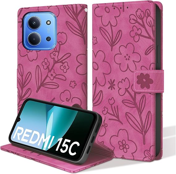 Flip Flowers PU Case for Xiaomi Redmi 15C /Poco C85 Mobile Phone Cover with Card Slots and Cash Pockets, Flower Pink