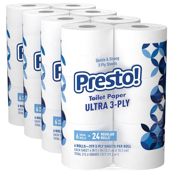 Amazon Brand - Presto! FSC Certified 319 Sheet Roll Toilet Paper, Ultra 3-Ply, Unscented, 6 Rolls (Pack of 4), 24 Mega Rolls = 96 Regular Rolls, 7656 Count