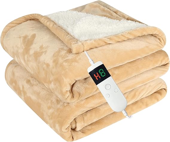 Heated Electric Blanket Throw 130x160cm, 10 Settings Heating,1-8h Timer Auto-Off, Overheat Protection, Machine Washable, Flannel and Sherpa Heated Blanket for Sofa Bed, Office