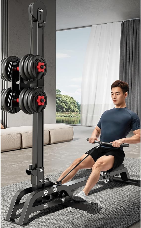 LAT Pull Down Machine for Home, 2 in 1 Multi-Function Foldable Rowing Machine & Low Row Cable Machine with 44 LBS Adjustable Dumbbell Set and Low Row Bars for Full-Body Workout