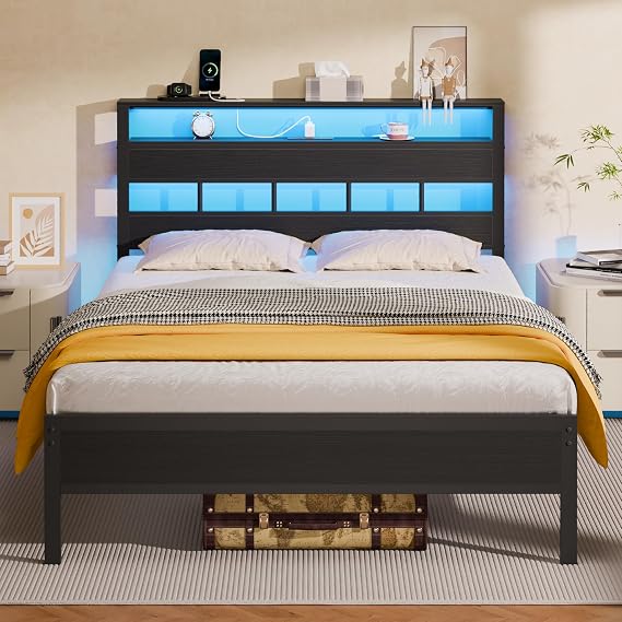 Furnulem Full Size Bed Frame, Storage Headboard, LED & Charger, Black Oak