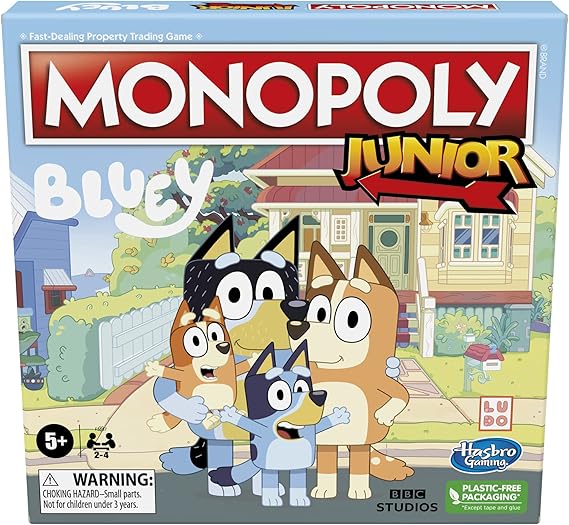Hasbro Gaming Monopoly Junior: Bluey Edition Board Game for Kids Ages 5+, Play as Bluey, Bingo, Mum, and Dad, Features Artwork from The Animated Series