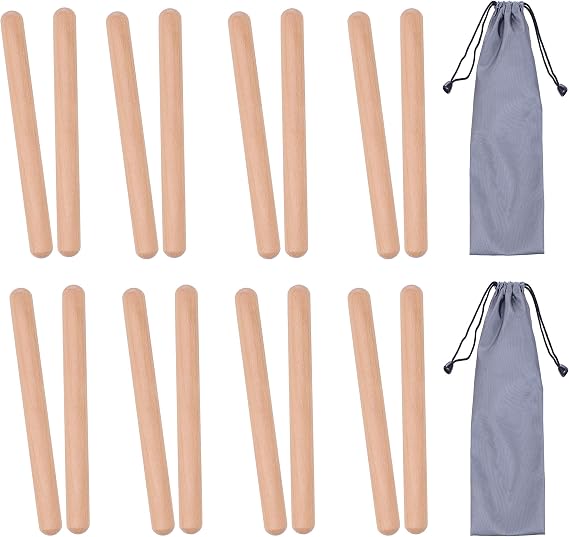 8 Pairs (16 Packs) Classical Wood Claves Musical Percussion Instrument, 8 Inch Natural Hardwood Rhythm Sticks with 2 Carry Bags