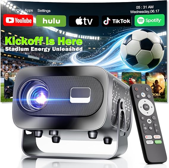 Projector with WiFi and Bluetooth, Electric Focus & Vertical Keystone, 1080P HD 4K Support, Smart Projector with Built-in Streaming Apps, Portable Projector for Outdoor & Home Movie