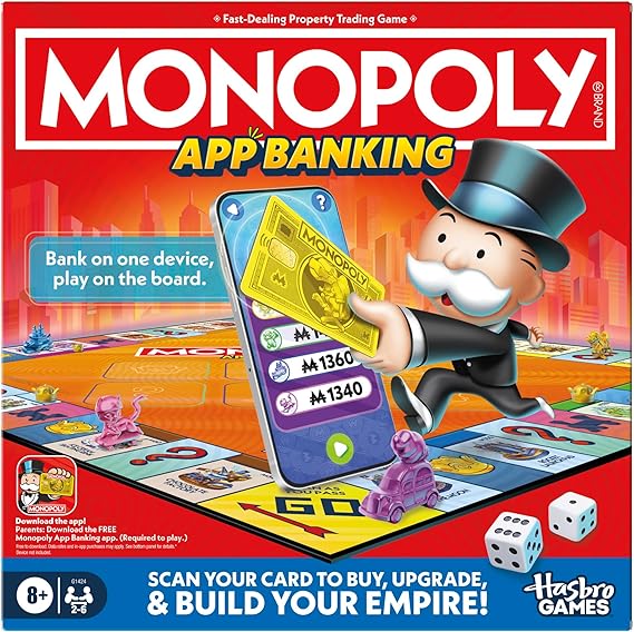 Monopoly App Banking Board Game with Digital Banking Cards, Free App Integration & AR Mini-Games, No Cash Fast-Play Monopoly with Device Stand & 6 Tokens, Ages 8+, Perfect Fun for Families