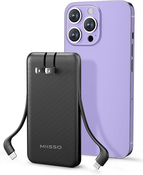 miisso Ultra Slim 10000mAh Power Bank Built-in Cables and Foldable AC Wall Plug, Pocket Size USB C Portable Charger, External Battery Pack Compatible with iPhone Samsung, Black