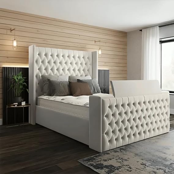 Luxury Winged Ottoman Gas Lift TV Bed Frame – Upholstered Plush Velvet Storage Bed with Remote Control TV Lift Mechanism, Modern Bedroom TV Bed (Cream, 4ft Small Double Without Gas Lift Storage)