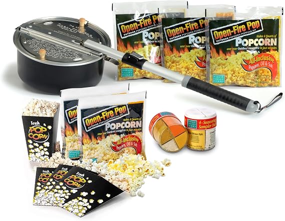 Wabash Valley Farms Open Fire Pop Gift Set Outdoor Popcorn Kit with 5 Popcorn Packs and 4 Seasoning Samplers Campfire Cooking Gear for Camping, Backyard Fires, Family Fun, and Unique Foodie Gifts