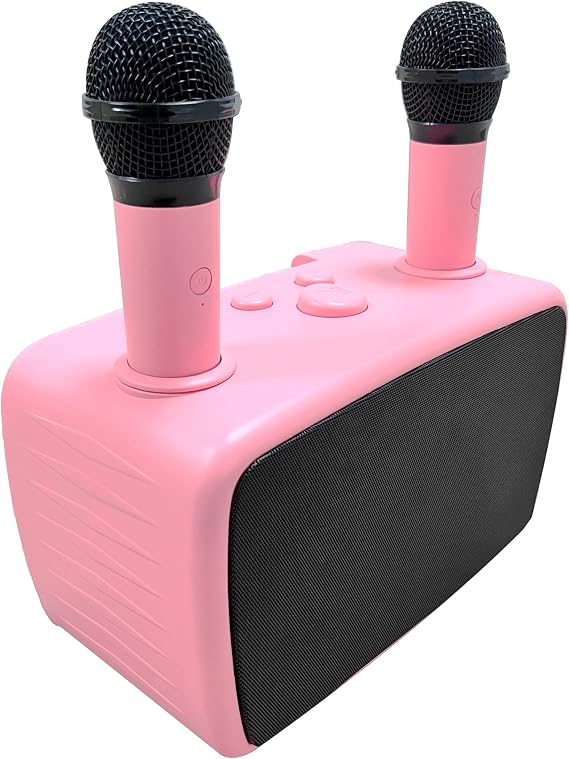 Karaoke Machine with Two Wireless Mics: Portable Bluetooth PA Speaker System Supports TF Card, FM Radio, 6-Hour Battery Life, Bass, Volume Control, Engaging Sing-Alongs, for Children and Adults (Pink)