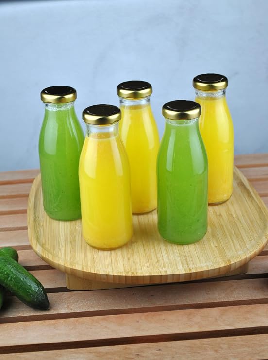 5 Adet Cam Şişe Meyve Suyu Ayran Detoks Şişesi 250 ml Gold Metal Kapaklı Şişe