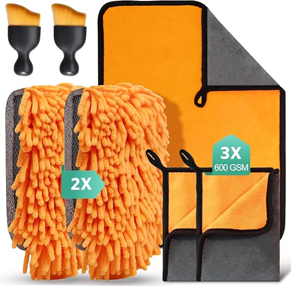 7 Pcs Car Cleaning Kit with 3 Pack Microfibre Cloths, 2 Microfiber Wash Mitts and 2 Dusting Brushes, Household and Car Washing, Drying, Detailing