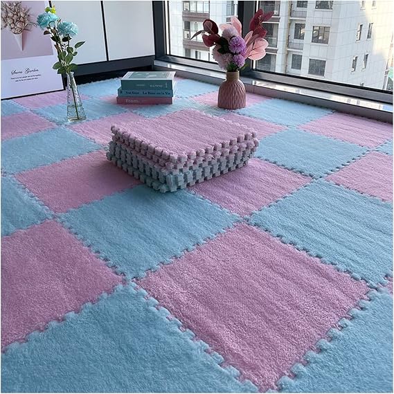 Interlocking Foam Floor Tiles Plush Area Rug Soft Playmat Fluffy Carpet Tiles Mats Puzzle Floor Mat, Thick 0.6/1cm Climbing Carpet Mats (Color : B, Size : 30x30x0.6cm-12pcs)