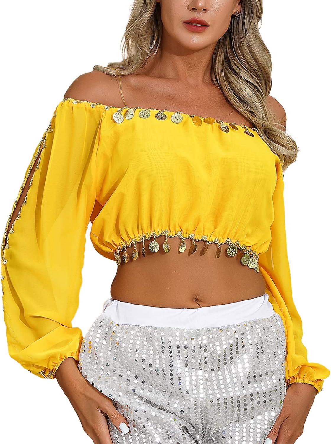ACSUSS Womens Belly Dance Crop Tops Halloween Theme Party Sequined Beaded Split Long Puff Sleeve Top