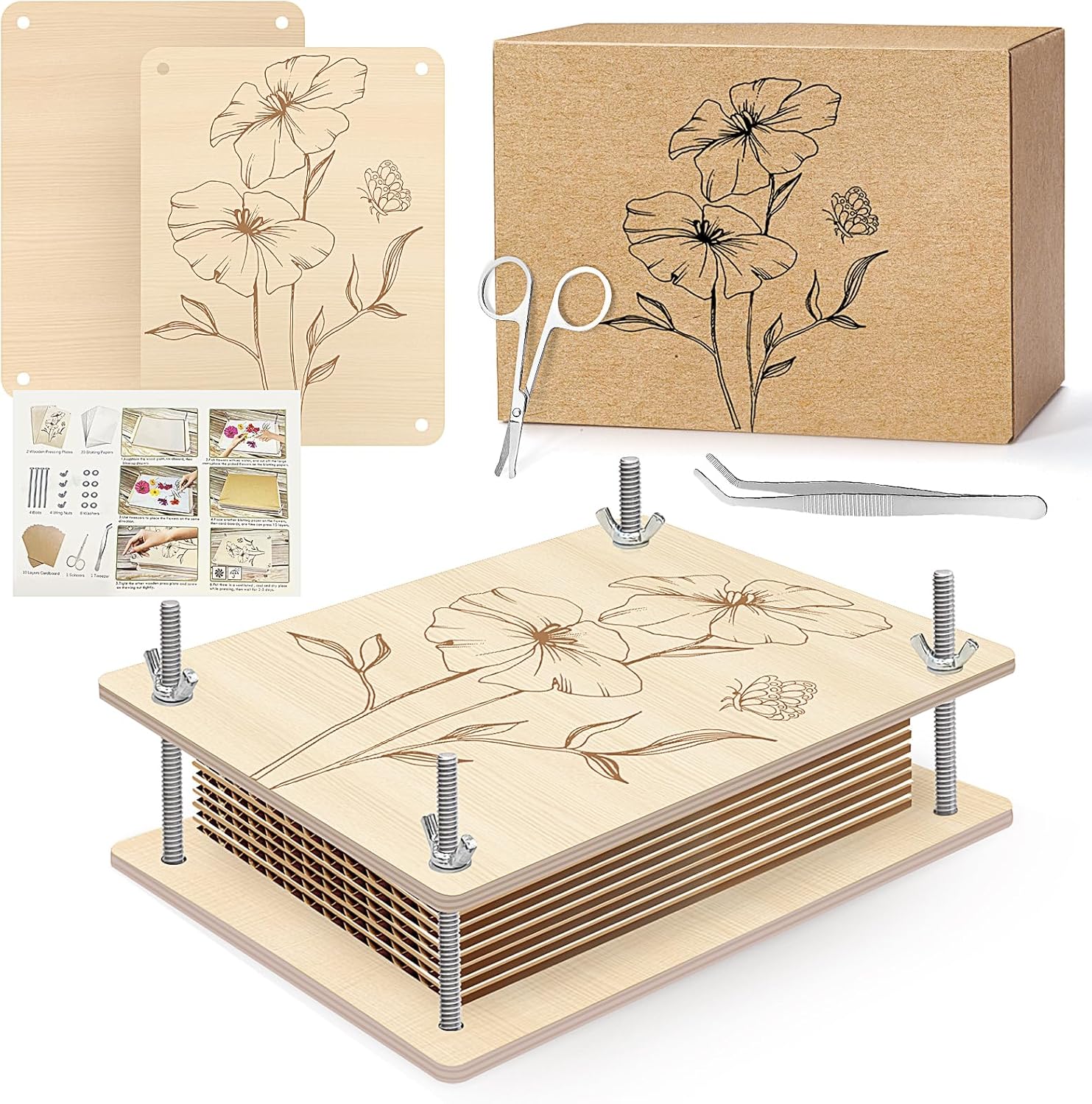 YZNlife Large Flower Press Kit for Adults, 8 Layers 6.3 x 8.3 Inches 16x21cm DIY Wood Flower Leaf Plant Press Kit, Great Gift for DIY Arts and Crafts Lovers