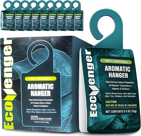 EcoVenger Pest Control Aroma Hanger 10-Pack Natural Peppermint/Cedar/Lemongrass Insect Repellent Moths Mosquitoes, Spiders, Roaches, Weather-Proof Lasting Bug Deterrence, Safe Around Children & Pets