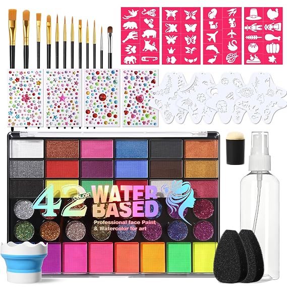 42 Colors Face Painting Kit, Water Activated Face Paint for Halloween | 42 Vibrant Colors, Water Activated, Washable & Non-Toxic, with Brushes, Sponges, Stencils & Gems for Halloween & Cosplay