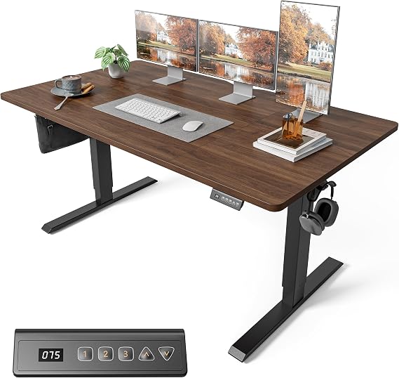 FEZIBO Electric Height Adjustable Standing Desk with digital display control panel, 80x160 Ergonomic Home Office Table for sit stand with 4 Pieces Splice Board & BlackWalnut Wood Grain Surface