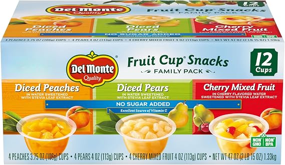 Del Monte Fruit Cups Snacks Assortment Pack No Added Sugar 4oz Cups (Pack of 12) Diced Peaches, Diced Pears, Cherry Mixed Fruits