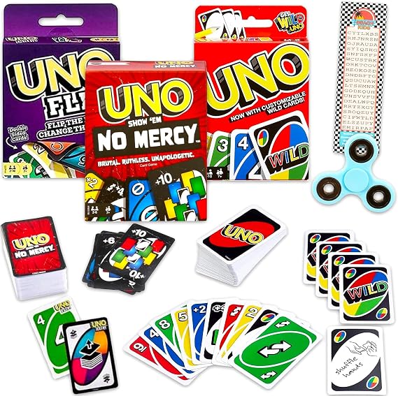 Mattel UNO Expansion Decks Set - 3 Pc Bundle with All Wild, Flip, and No Mercy UNO Decks for Kids Plus Bookmark, More | Card Games for Kids, Family Game Night