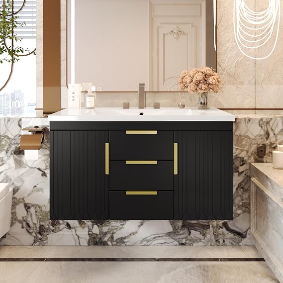 Virubi 36 Inch Floating Bathroom Vanity with Sink, Wall Mounted (Black)