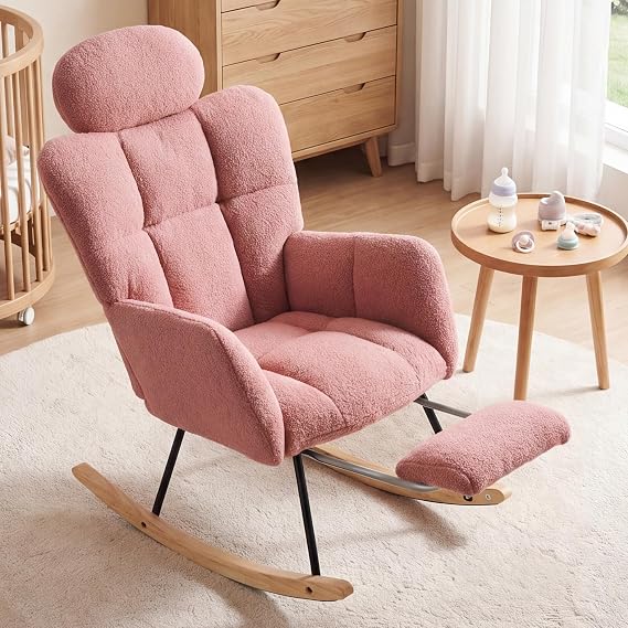 DEKKETO Teddy Nursing Rocking Chair with Footstool and Headrest, Pink