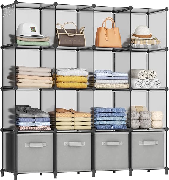 HOMIDEC Closet Organizers and Storage, 16 Cube Storage Organizer | Portable Closet Organizer Cubes Shelves for Clothes, Bedroom, Wardrobe, Kids Room, Bathroom, Grey