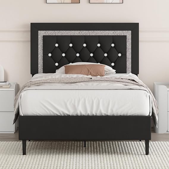 BarnFurin Twin Bed Frame with Tufted Button Headboard, Black