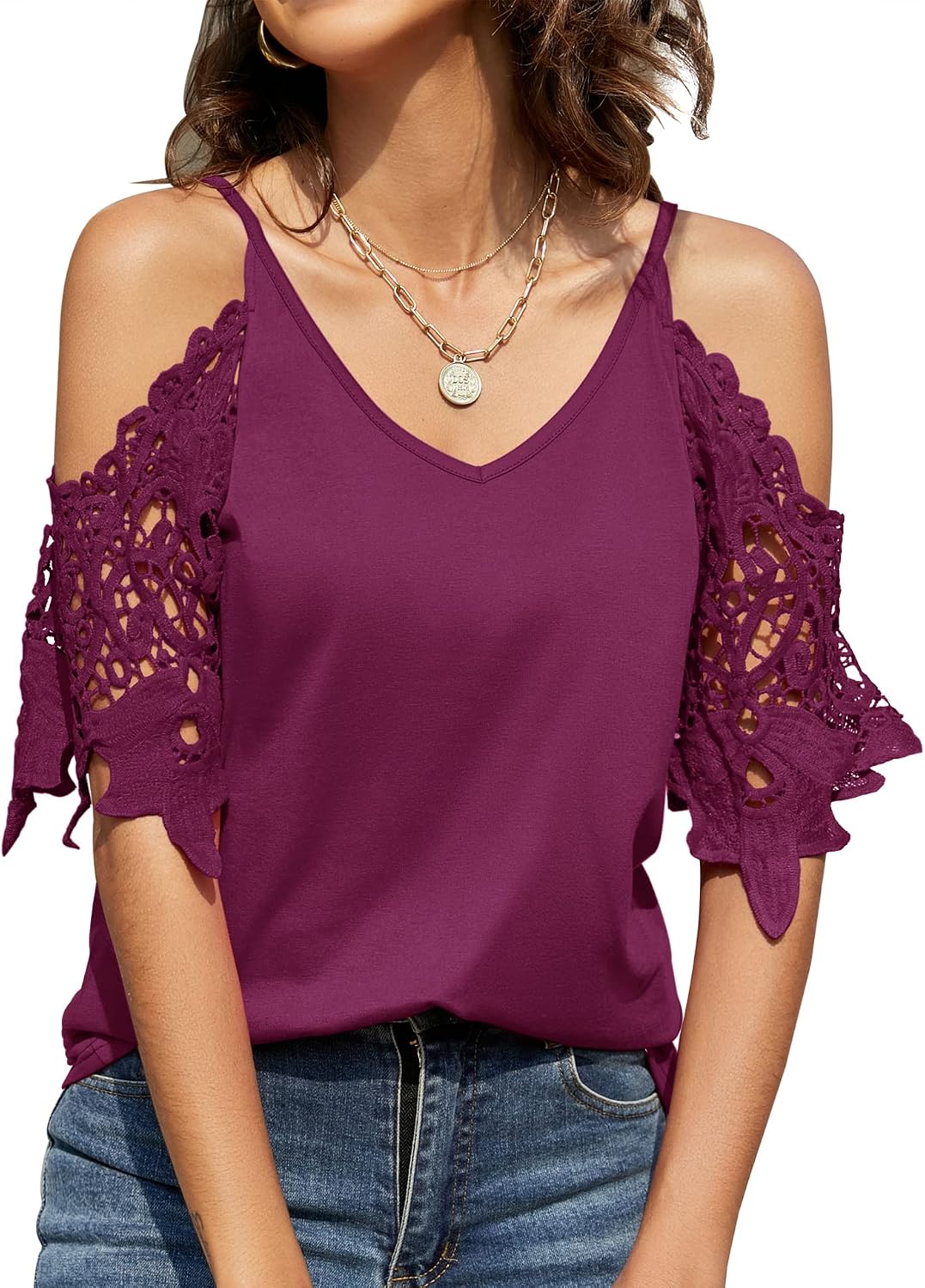 TFSDOD Womens Summer V Neck Cold Shoulder Tops T Shirts Cut Out Lace Short Sleeve Solid Color Blouses Shirt