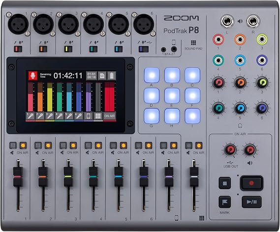 Zoom PodTrak P8 Podcast Recorder with 6 XLR Inputs & Sound Pads | 6 Xlr Mic Inputs, Color Touchscreen, Phone Input, 9 Sound Pads, USB Audio, Aa and AC Power