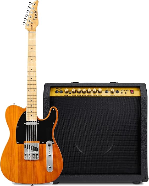 LyxPro 30" Electric Guitar TL Series Full-Size Paulownia Body, 3-Ply Pickguard, 3-Way Switch & Volume/Tone Controls - (Mahogany) with 60 Watt Amplifier - (Black)