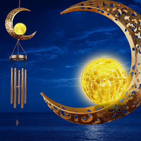 DesGully Solar Wind Chimes, Sun Wind Chime Outdoor Clearance w/Glowing Crackle Glass LED Unique Wind Bells for Outside Waterproof Chimes, Gifts for Her/Him (42" Long Metal Chimes)...